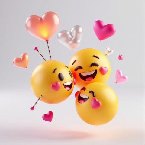 A vibrant 3D scene unfolds where a trio of adorable emoji each adorned in a playful kiss floats