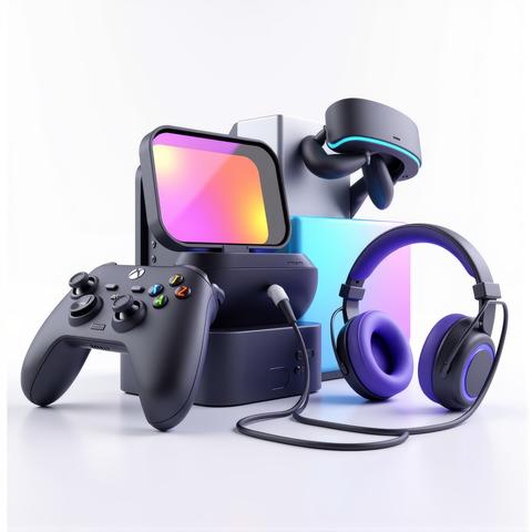 A vibrant tableau of gaming equipment a sleek black game controller in one hand a vibrant pair of VR