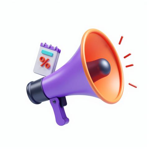 A vibrant 3D megaphone adorned with a dynamic discount tag icon ready to amplify your message and