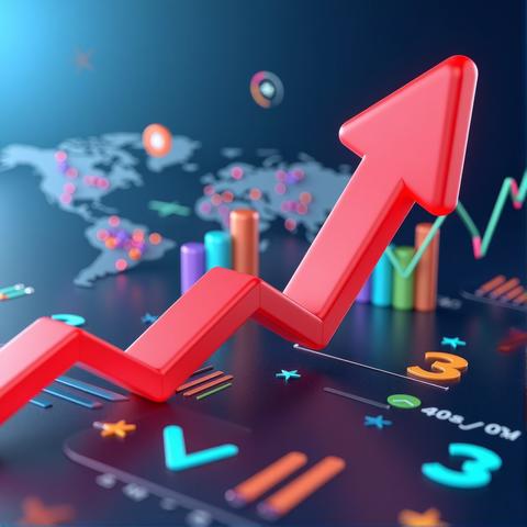 A vibrant red 3D arrow symbolizing upward trend and financial growth ascends against a backdrop of