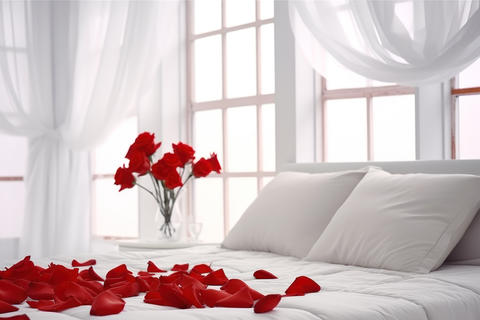 bouquet of red rose flowers on a white bed romantic date