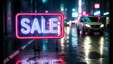 Neon sale sign glowing on rainy urban street at night