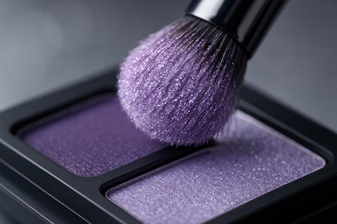 Purple Glitter Makeup Brush Close-Up with Sparkling Eyeshadow Palette on Metallic Surface for Beauty