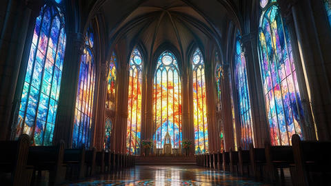 Sunlight illuminating colorful stained glass windows in majestic cathedral