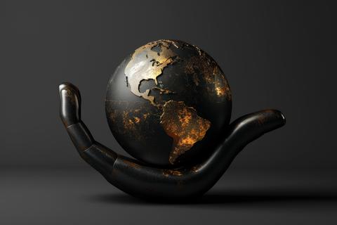 hand holding small blue globe on yellow background, 3D icon show