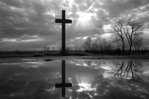 a person holding an umbrella standing in a puddle black and whit