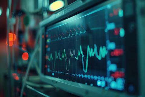 A close-up view of a medical monitoring device displaying vital signs in a hospital setting during