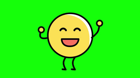 Yellow round face emoji, dancing with both hands raised, looping video with a green screen