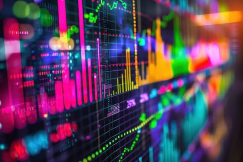 Vibrant stock market data visualization with colorful graphs and