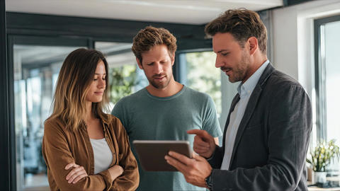 Three colleagues talk together in a modern office during a professional meeting