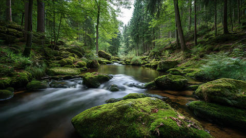 A flowing forest river moves through mossy rocks in a peaceful woodland scene
