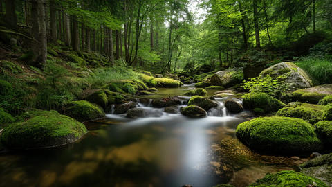 A calm forest stream flows between mossy rocks in a lush green landscape