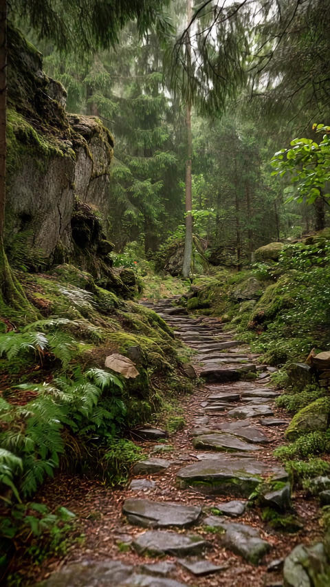 A narrow forest trail leads through mossy woods in a vertical nature view