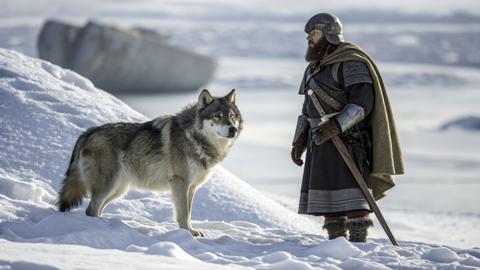 Medieval Warrior with Wolf in Snowy Landscape