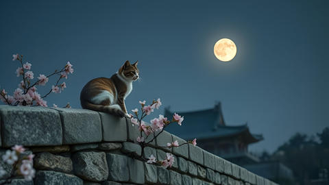 A cat sitting on a stone wall of Gyeongsangbuk-do Palace with cherry blossoms from the sky