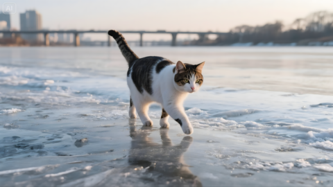 A cat walking on the frozen Han River