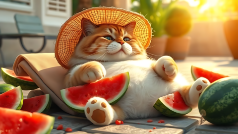 The cat is eating watermelon in summer