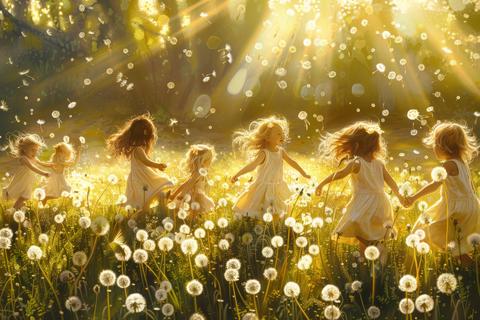 Children playing joyfully in a sunlit dandelion field during gol