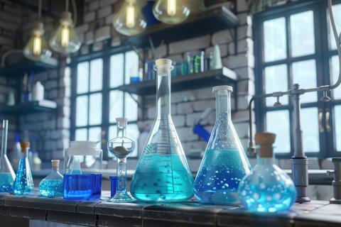 Colorful chemistry experiment with glass flasks and beakers disp