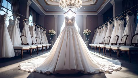 A wedding dress is hanging in a waiting room at a wedding hall