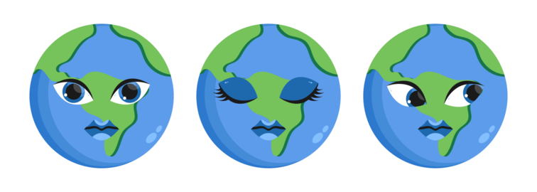 Set of flat Earth planet icons with human face. Cartoon Earth planet. Vector illustration