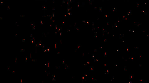 Small red particles chaotically moving up on black background. Hot sparks from
