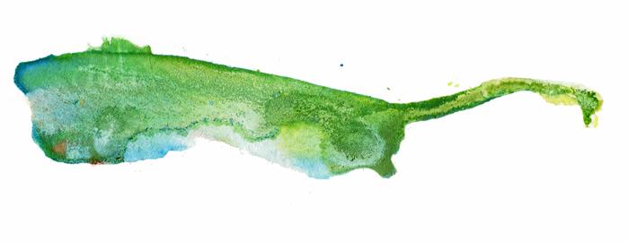A vibrant green watercolor brushstroke resembling a lush landscape at dawn