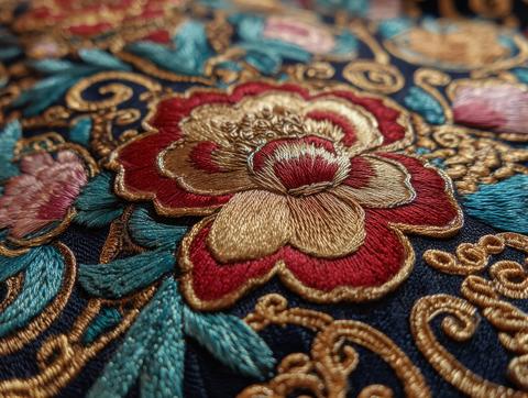 Close-up of ornate gold embroidery on fabric