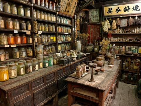 Traditional Chinese herbal medicine shop interior