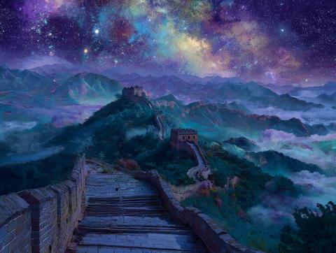 Great Wall of China on misty mountain ridge at night