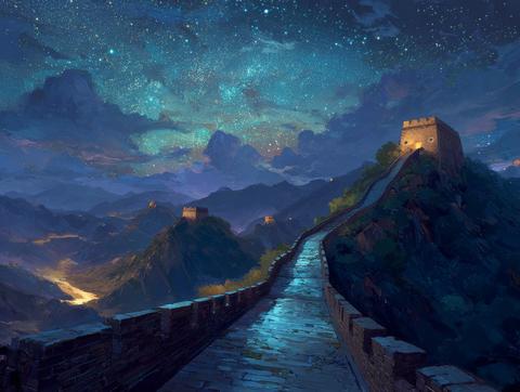 Starry night over the Great Wall of China