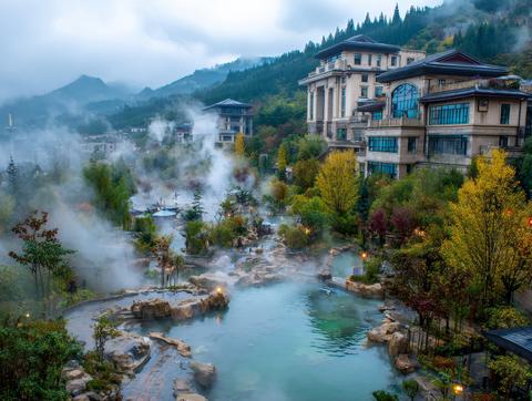 Luxurious hillside resort with steaming hot springs