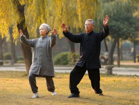 Elderly couple practicing tai chi in autumn park