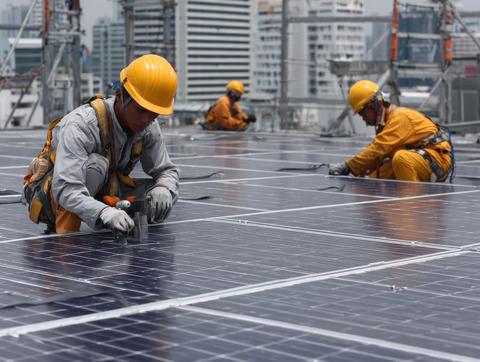 Roof workers installing solar panels