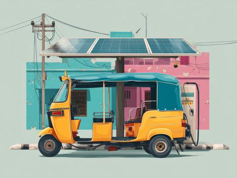 Solar powered tuk tuk with rooftop panels