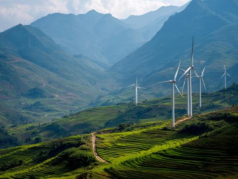 Terraced rice fields with wind turbines in valley