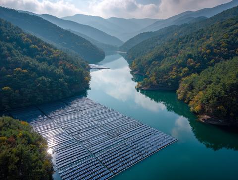 Aerial view of floating solar panels on mountain lake