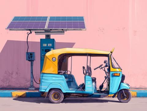 Colorful blue and yellow tuk tuk beside solar charging station