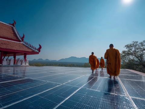 Monks walking on solar panels atop temple rooftop