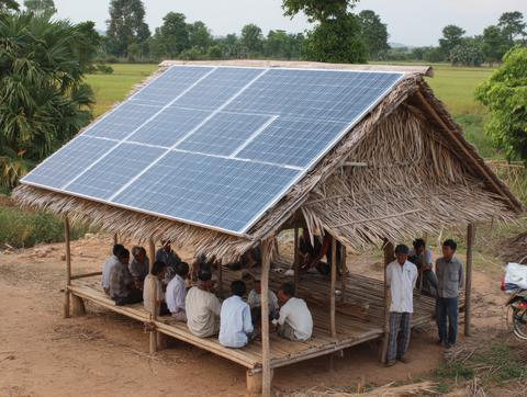 Thatched roof solar shelter with villagers