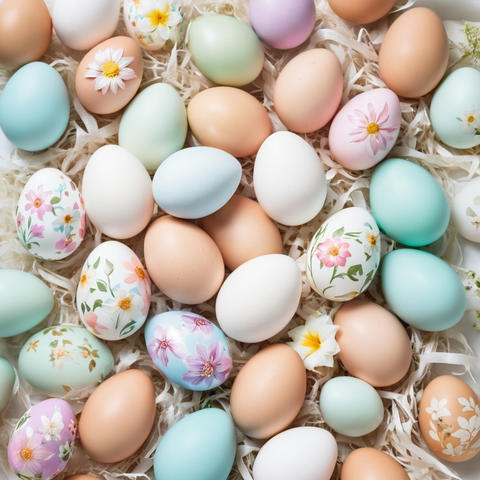 Top view of pastel-colored and hand-painted Easter eggs with floral designs