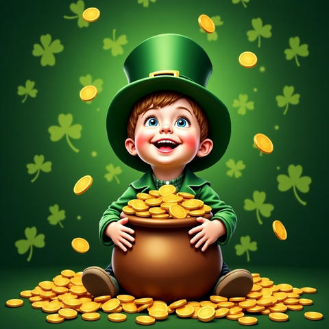 Joyful child dressed as a leprechaun, surrounded by gold coins and holding a pot