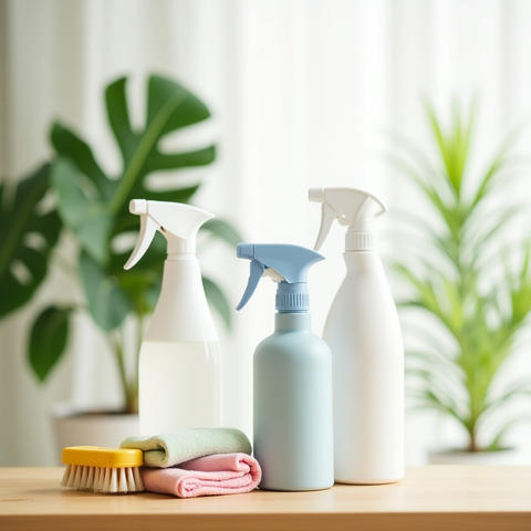 Cleaning supplies on a wooden table with spray bottles, brushes, and towels