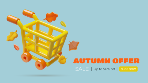 3D Shopping cart with autumn leaves season sale and discount background design
