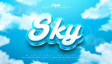 Sky 3D Text Effect Design Editable Vector Graphic Style with Shiny Blue and White Typography
