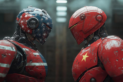 American and chinese robots facing each other showing trade war