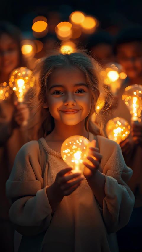 Children holding glowing lights in a joyful evening gathering at a park