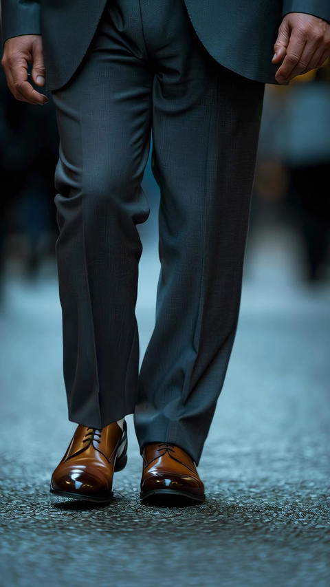 Man walking confidently in tailored suit and polished dress shoes on city street