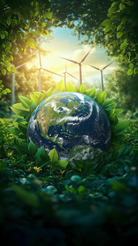Nature inspires hope with a vibrant planet surrounded by greenery and wind turbines