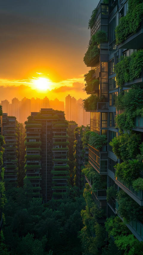 Urban sunset over green architecture highlights sustainable living in the city